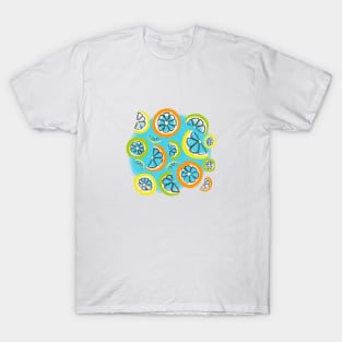 Refreshing orange, lemon, and lime slices on a sky blue painted circle T-Shirt